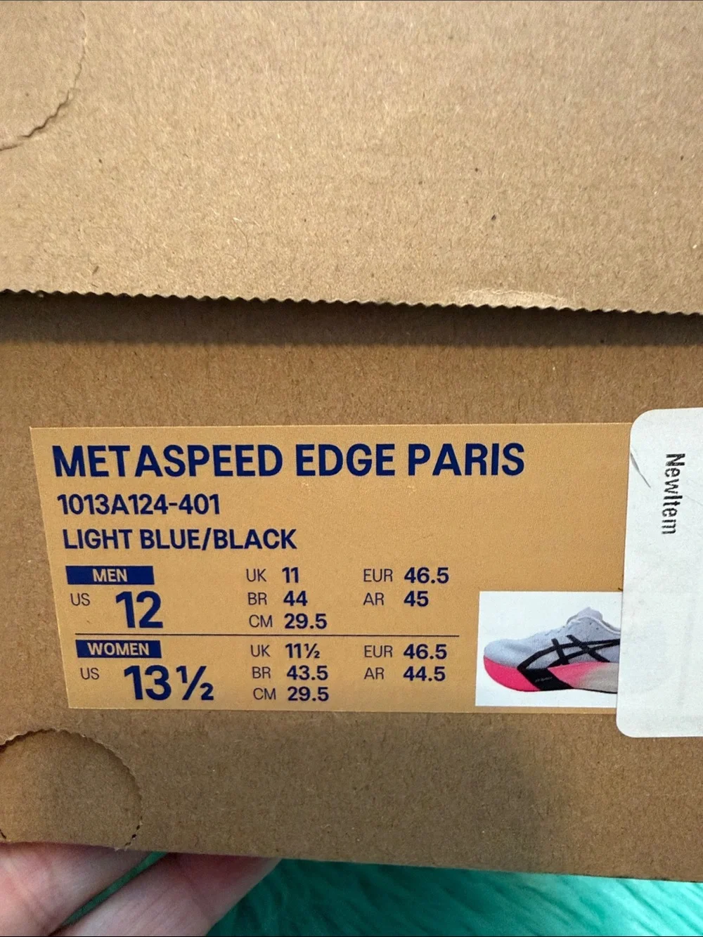 NIB ASICS Metaspeed Edge Paris Light Blue/Black Men’s 12/ Women’s 13.5